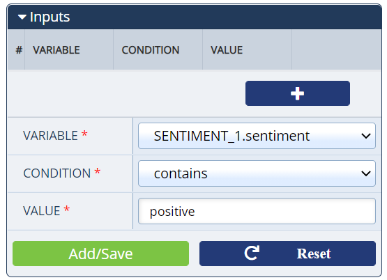 Sample Sentiment action Inputs in the Configurations Panel